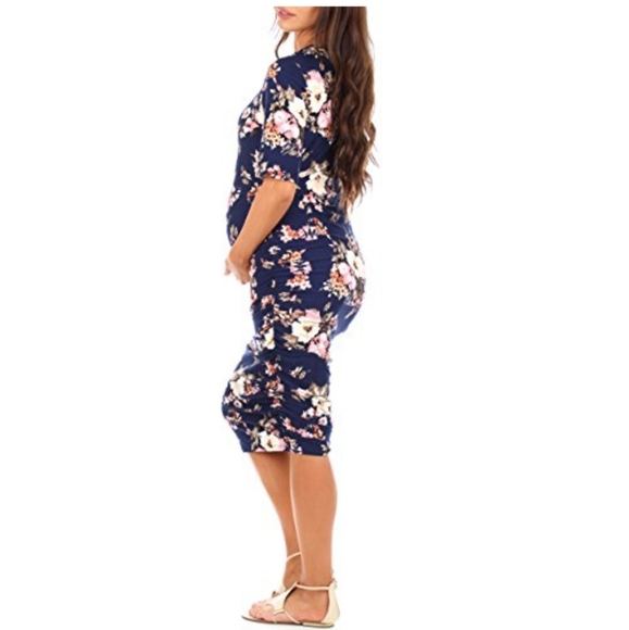MOTHER BEE FLORAL 3/4 SLEEVES RUCHED STRETCHY COMFORTABLE MATERNITY DRESS XL - Picture 3 of 13